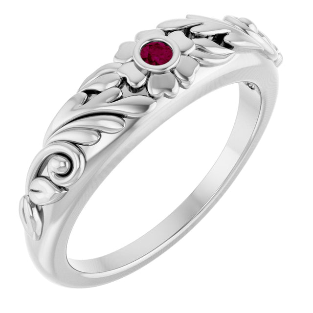 Platinum Round Natural Rhodolite Garnet Accented Floral Ring