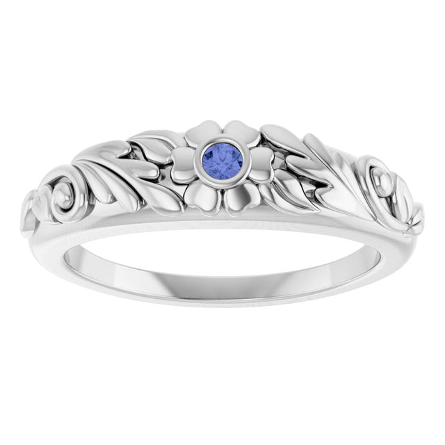 Platinum Round Natural Tanzanite Accented Floral Ring - view 3