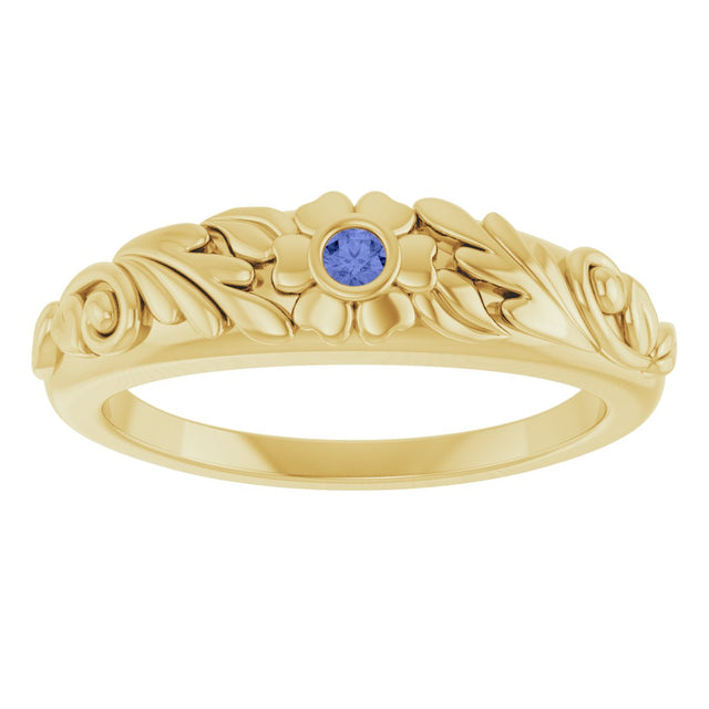 14K Gold Round Natural Tanzanite Accented Floral Ring - Yellow Gold - view 3