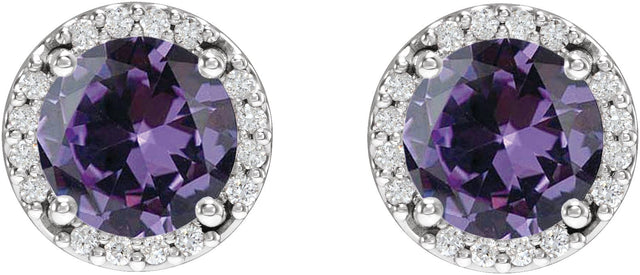 14K Gold Lab-Grown Alexandrite Round Halo-Style Low Stud Earrings - White Gold - view 4