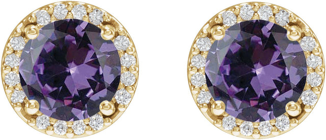 14K Gold Lab-Grown Alexandrite Round Halo-Style Low Stud Earrings - Yellow Gold - view 4