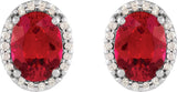 Platinum Lab-Grown Ruby Oval 4-Prong Halo-Style Low Stud Earring - view 4