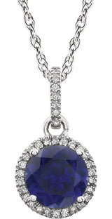 14K Gold Round Lab-Grown Blue Sapphire & Natural Diamond Halo-Style Birthstone Necklace