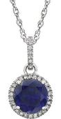 14K Gold Round Lab-Grown Blue Sapphire & Natural Diamond Halo-Style Birthstone Necklace