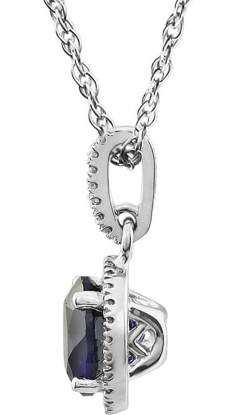 14K Gold Round Lab-Grown Blue Sapphire & Natural Diamond Halo-Style Birthstone Necklace - view 2