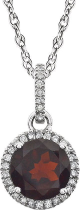 14K Gold Round Natural Mozambique Garnet & Natural Diamond Halo-Style Birthstone Necklace