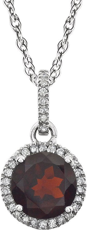 14K Gold Round Natural Mozambique Garnet & Natural Diamond Halo-Style Birthstone Necklace
