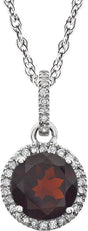 14K Gold Round Natural Mozambique Garnet & Natural Diamond Halo-Style Birthstone Necklace