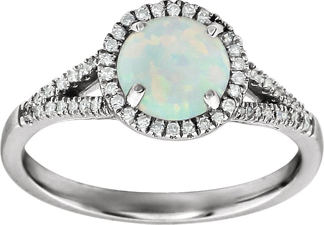 14K Gold Round Created Opal & Natural Diamond Halo-Style Birthstone Ring - view 4