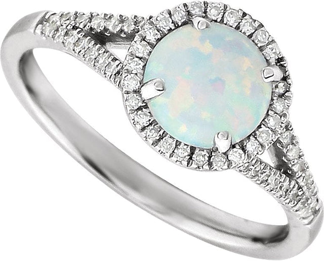 14K Gold Round Created Opal & Natural Diamond Halo-Style Birthstone Ring - view 5
