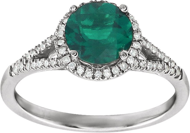 14K Gold Round Lab-Grown Emerald & Natural Diamond Halo-Style Birthstone Ring - view 3