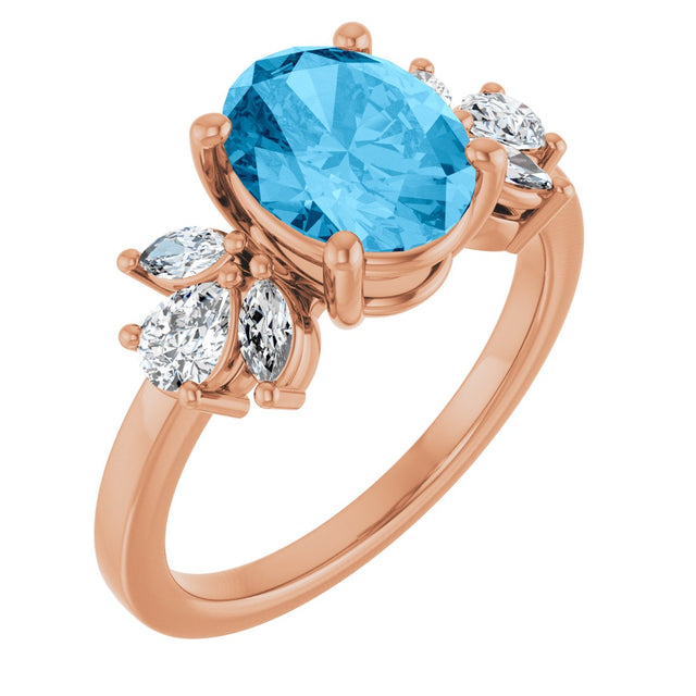 14K Gold Oval Natural Swiss Blue Topaz & Lab-Grown Diamond Accented Ring - Rose Gold