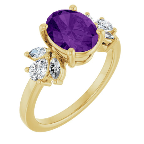 14K Gold Oval Natural Amethyst & Lab-Grown Diamond Accented Ring – 9x7mm - Yellow Gold