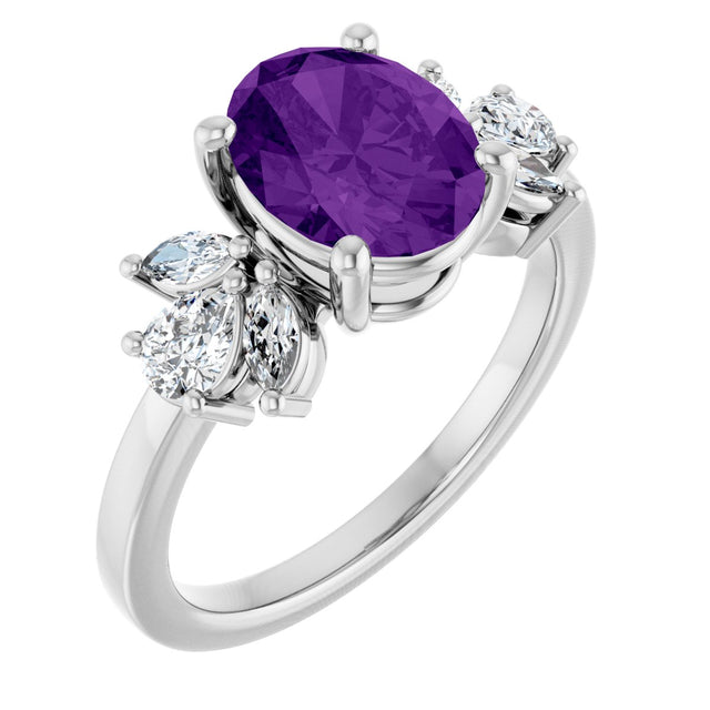 Platinum Oval Natural Amethyst & Lab-Grown Diamond Accented Ring – 9x7mm