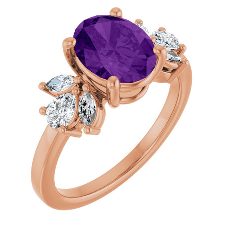 14K Gold Oval Natural Amethyst & Lab-Grown Diamond Accented Ring – 9x7mm - Rose Gold