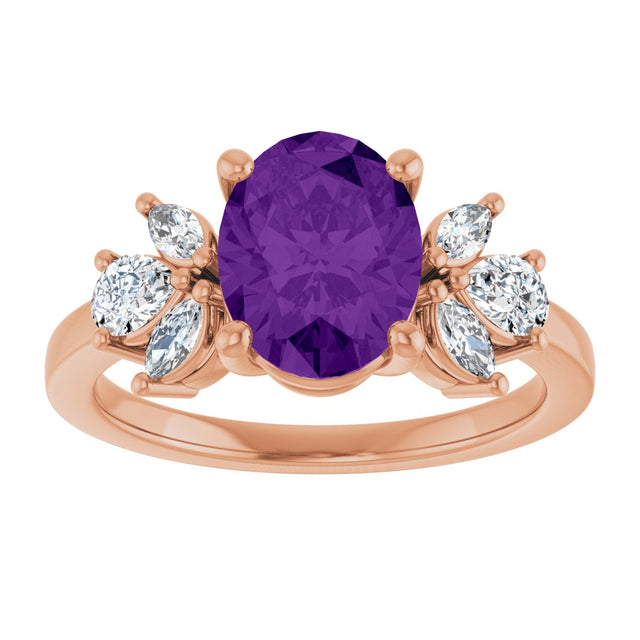 14K Gold Oval Natural Amethyst & Lab-Grown Diamond Accented Ring – 9x7mm - Rose Gold - view 3