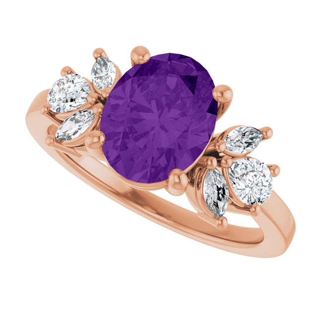 14K Gold Oval Natural Amethyst & Lab-Grown Diamond Accented Ring – 9x7mm - Rose Gold - view 5