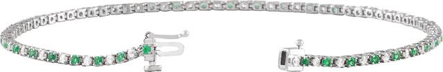14K Gold Round Natural Emerald & Natural Diamond Line Bracelet - White Gold - view 6