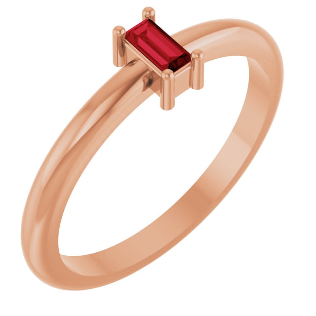 14K Gold Straight Baguette Lab-Grown Ruby Stackable Ring - Rose Gold