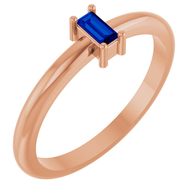14K Gold Straight Baguette Lab-Grown Blue Sapphire Stackable Ring - Rose Gold