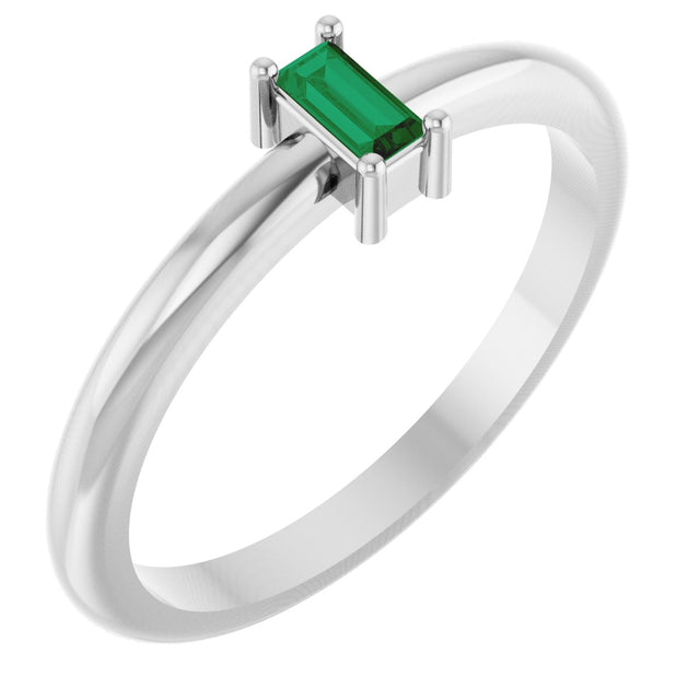 14K Gold Straight Baguette Lab-Grown Emerald Stackable Ring - White Gold