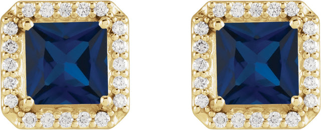 14K Gold Lab-Grown Blue Sapphire Square 4-Prong Halo-Style Earring - Yellow Gold - view 4