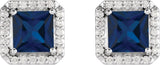 14K Gold Lab-Grown Blue Sapphire Square 4-Prong Halo-Style Earring - White Gold - view 4