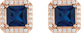 14K Gold Lab-Grown Blue Sapphire Square 4-Prong Halo-Style Earring - Rose Gold - view 4