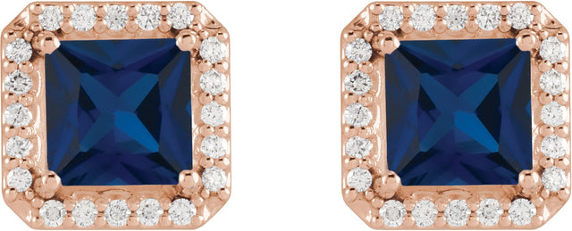 14K Gold Lab-Grown Blue Sapphire Square 4-Prong Halo-Style Earring - Rose Gold - view 4
