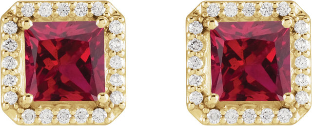 14K Gold Lab-Grown Ruby Natural Diamond Square 4-Prong Halo-Style Earring - Yellow Gold - view 4