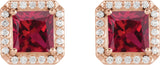 14K Gold Lab-Grown Ruby Natural Diamond Square 4-Prong Halo-Style Earring - Rose Gold - view 4