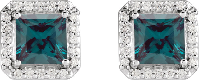Platinum Lab-Grown Alexandrite Square 4-Prong Halo-Style Earring - view 4