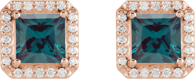 14K Gold Lab-Grown Alexandrite Natural Diamond Square 4-Prong Halo-Style Earring - Rose Gold - view 4