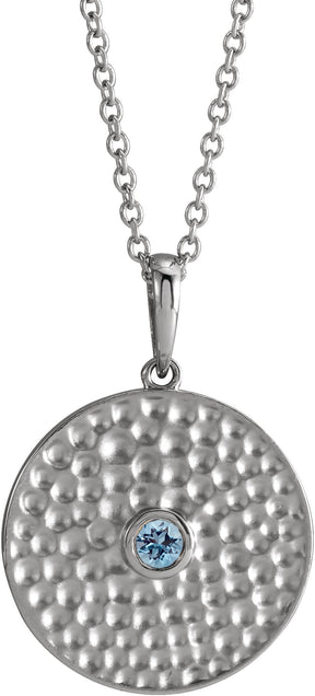 14K Gold Round Natural Aquamarine Beaded Disc Necklace or Pendant - White Gold