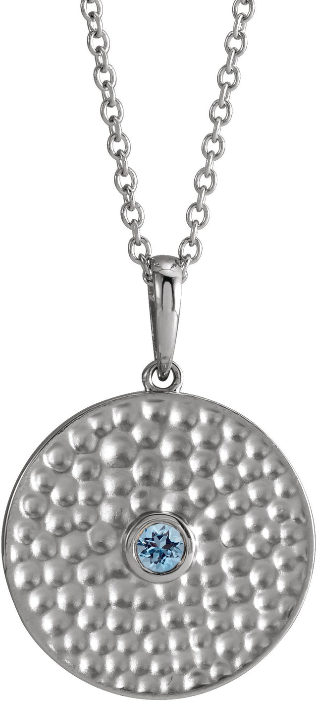 14K Gold Round Natural Aquamarine Beaded Disc Necklace or Pendant - White Gold