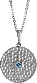 Platinum Round Natural Aquamarine Beaded Disc Necklace or Pendant