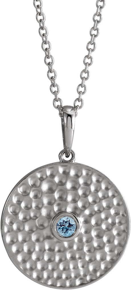 Platinum Round Natural Aquamarine Beaded Disc Necklace or Pendant