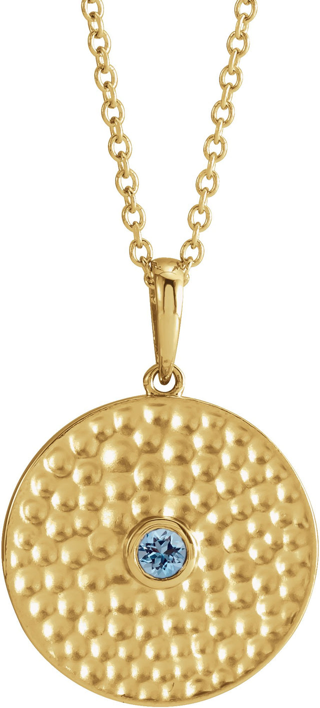 14K Gold Round Natural Aquamarine Beaded Disc Necklace or Pendant - Yellow Gold