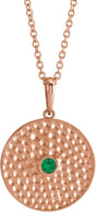 14K Gold Round Natural Emerald Beaded Disc Necklace or Pendant - Rose Gold
