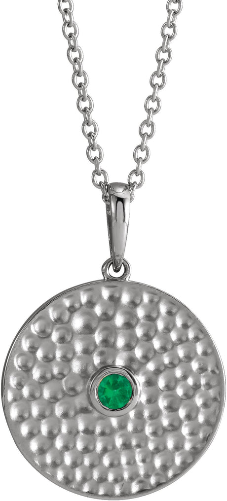 14K Gold Round Lab-Grown Emerald Beaded Disc Necklace or Pendant - White Gold