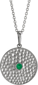 14K Gold Round Natural Emerald Beaded Disc Necklace or Pendant - White Gold