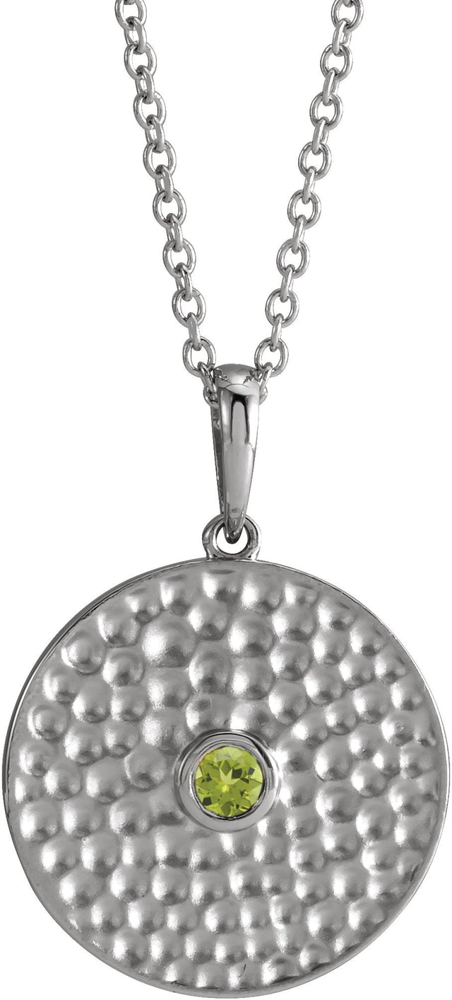 Platinum Round Natural Peridot Beaded Disc Necklace or Pendant