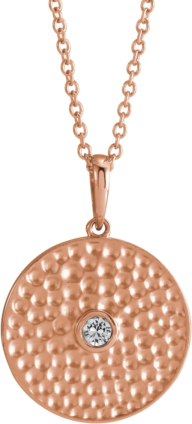 14K Gold Round Natural White Sapphire Beaded Disc Necklace or Pendant - Rose Gold