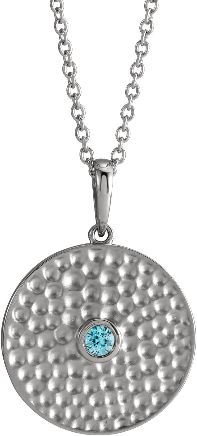 14K Gold Round Natural Blue Zircon Beaded Disc Necklace or Pendant - White Gold