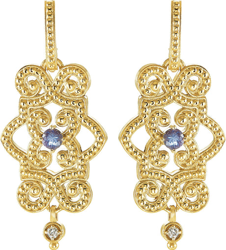 14K Gold Round Natural Tanzanite & Natural Diamond Granulated Earrings - view 2