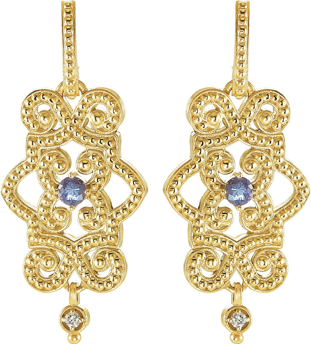 14K Gold Round Natural Tanzanite & Natural Diamond Granulated Earrings - view 2