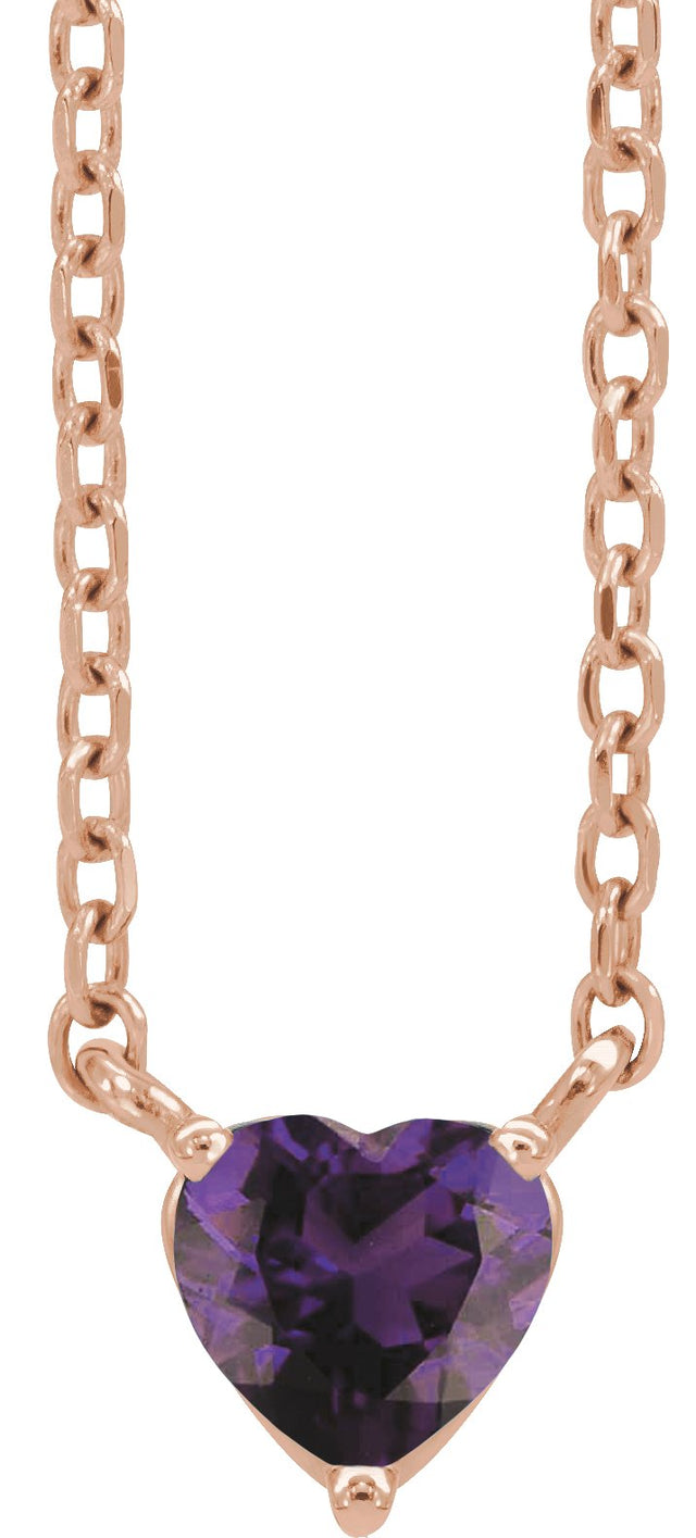 14K Gold Heart Natural Amethyst Solitaire Necklace - Rose Gold