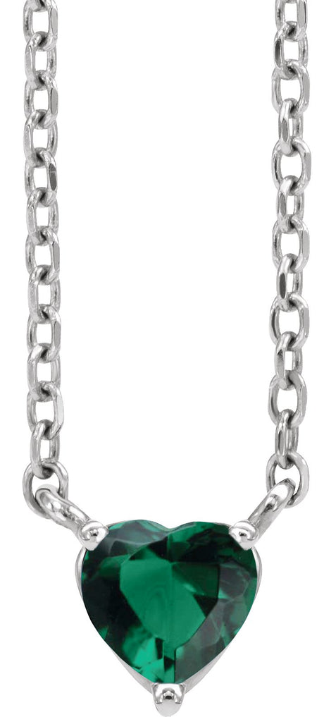 14K Gold Heart Lab-Grown Emerald Solitaire Necklace - White Gold