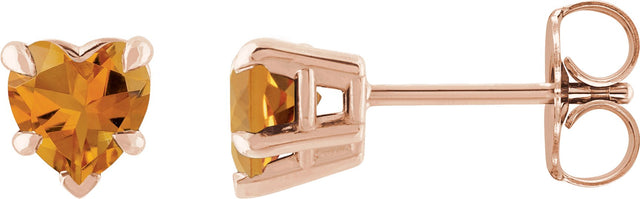 14K Gold Natural Citrine Heart 5-Prong Claw V-End Stud Earrings - Rose Gold
