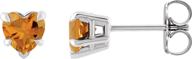 14K Gold Natural Citrine Heart 5-Prong Claw V-End Stud Earrings - White Gold